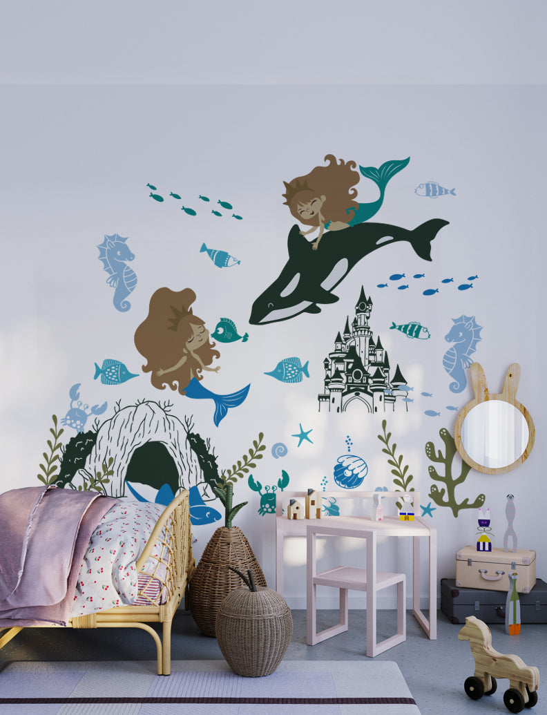 Mermaids Under The Sea Kids Wall Decal, image size:792x1035