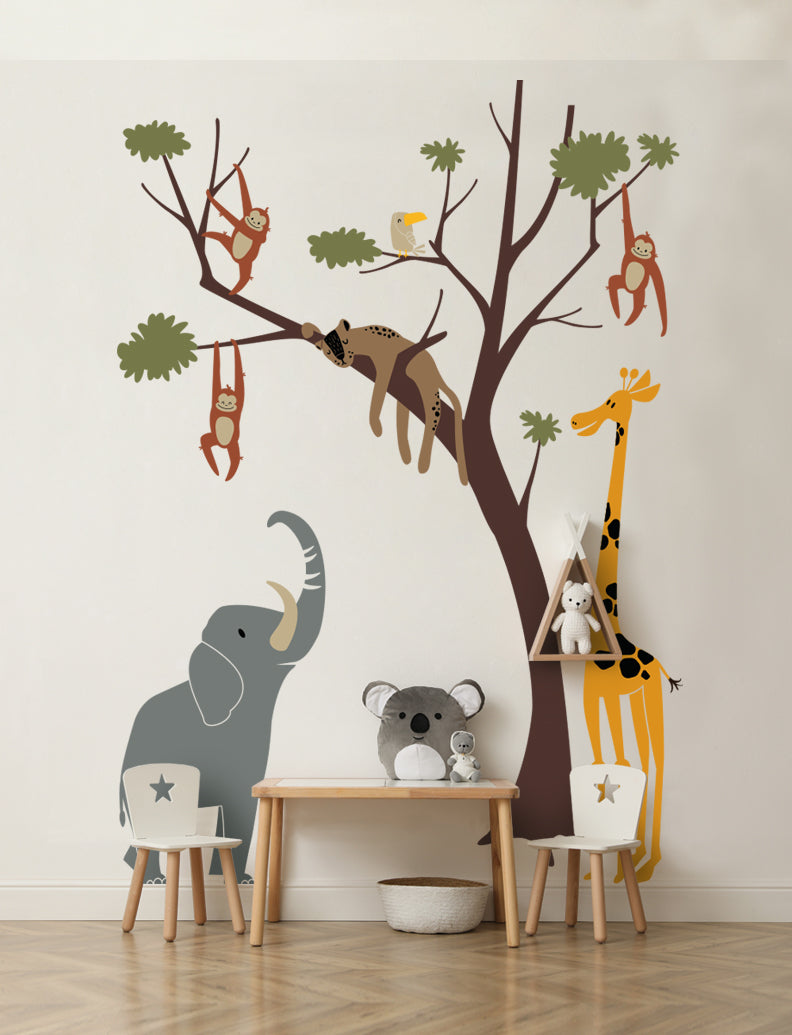 Wild Safari Animals and Tree Wall Decal, Wall Sticker, Nursery Wall Decal, Kids Room Wall Sticker, Wall Decor | pinkbluebaby.com