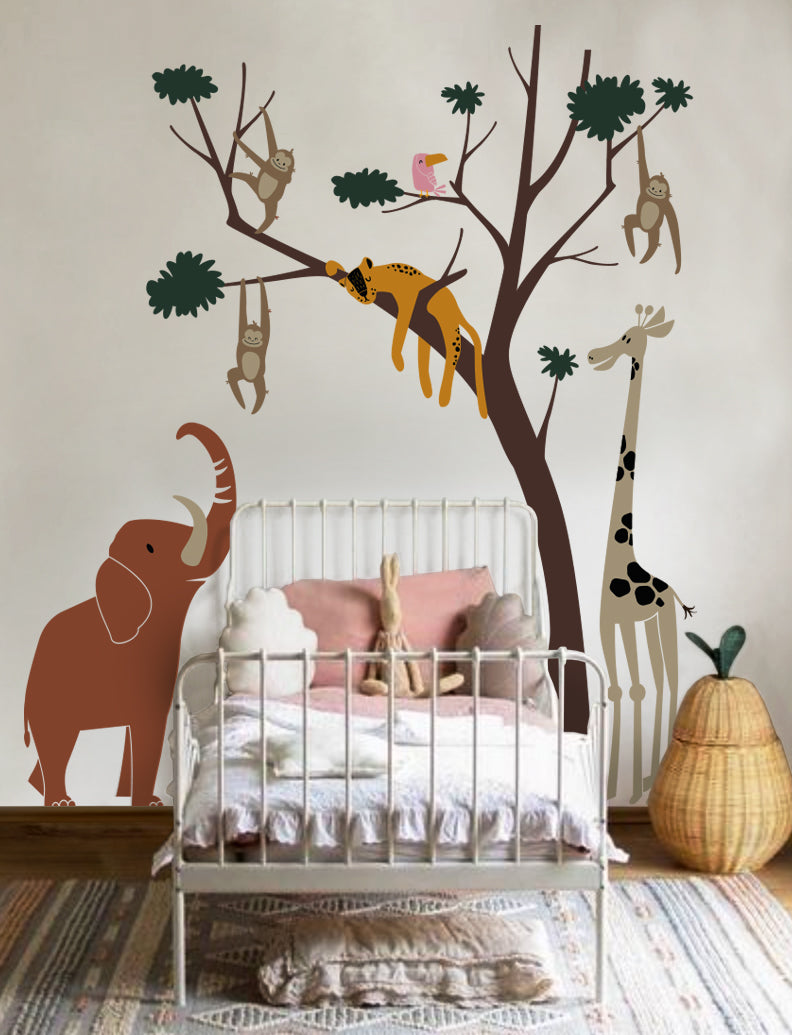 Wild Safari Animals and Tree Wall Decal, Wall Sticker, Nursery Wall Decal, Kids Room Wall Sticker, Wall Decor | pinkbluebaby.com