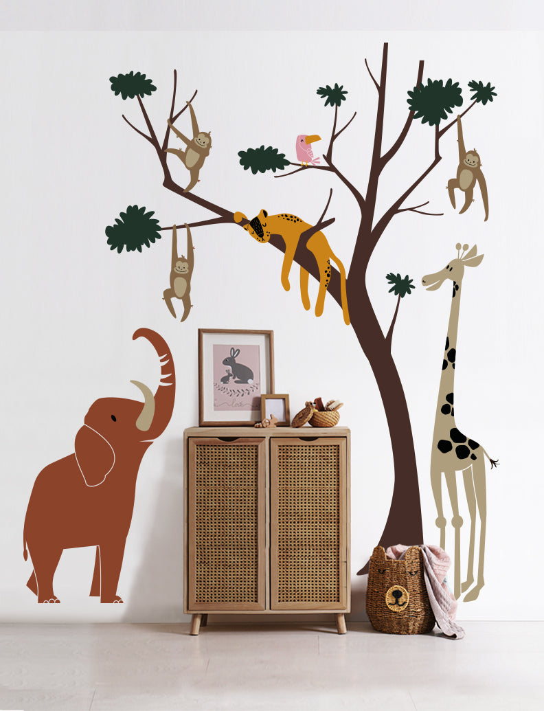 Wild Safari Animals and Tree Wall Decal, Wall Sticker, Nursery Wall Decal, Kids Room Wall Sticker, Wall Decor | pinkbluebaby.com