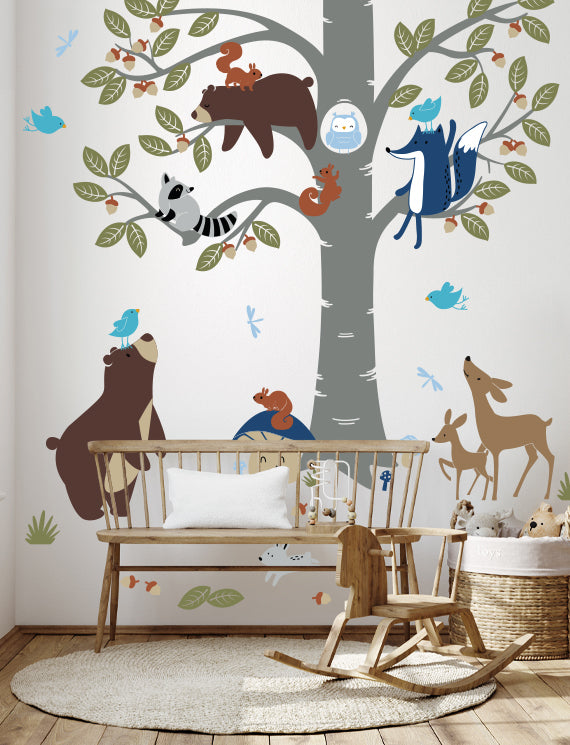 Forest Animals and Tree No.2 Wall Decals, Wall Stickers, Nursery Wall Decor, Kids Room Wall Decor, Playroom Wall Sticker | pinknbluebaby.com
