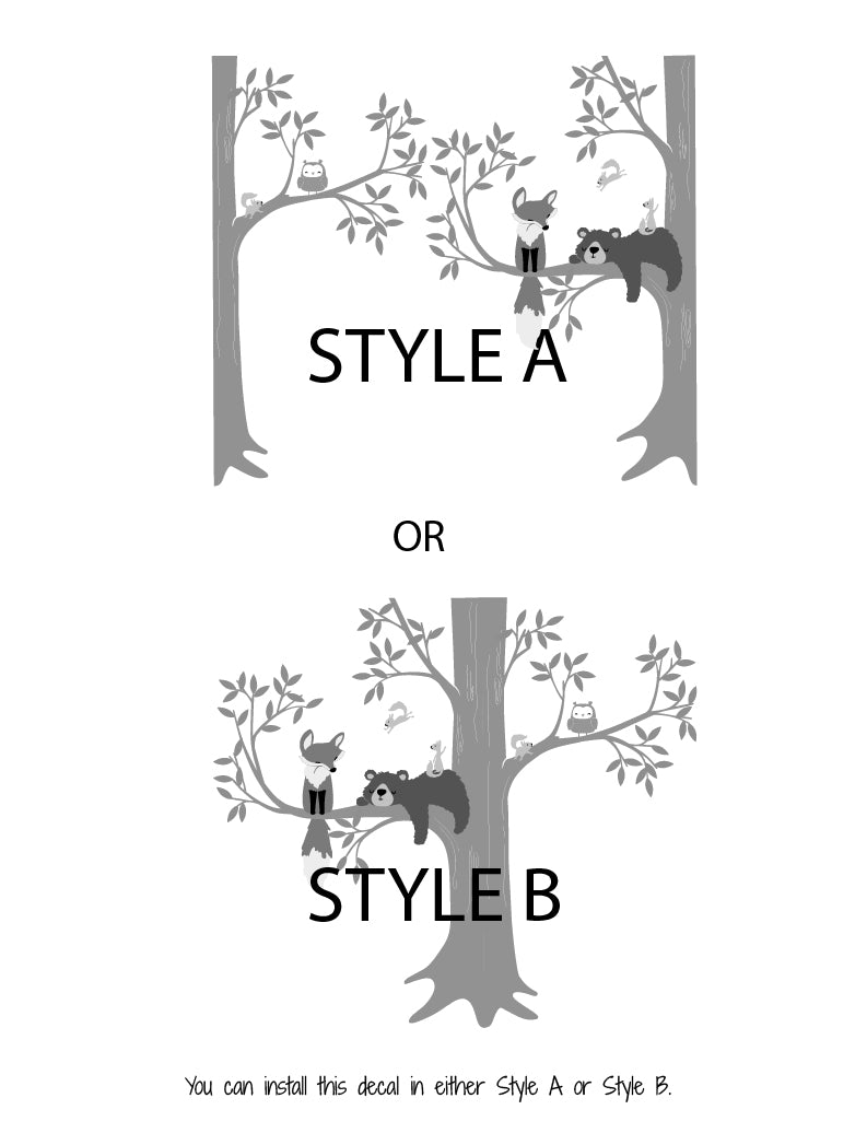 A wall decal featuring a bear, fox, owl, and squirrels in a woodland setting | www.pinknbluebaby.com