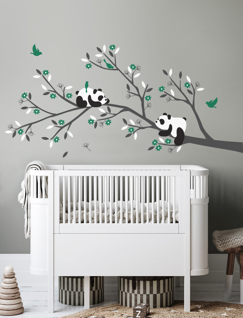 Pandas on the branch with Flowers Kids Wall Decals