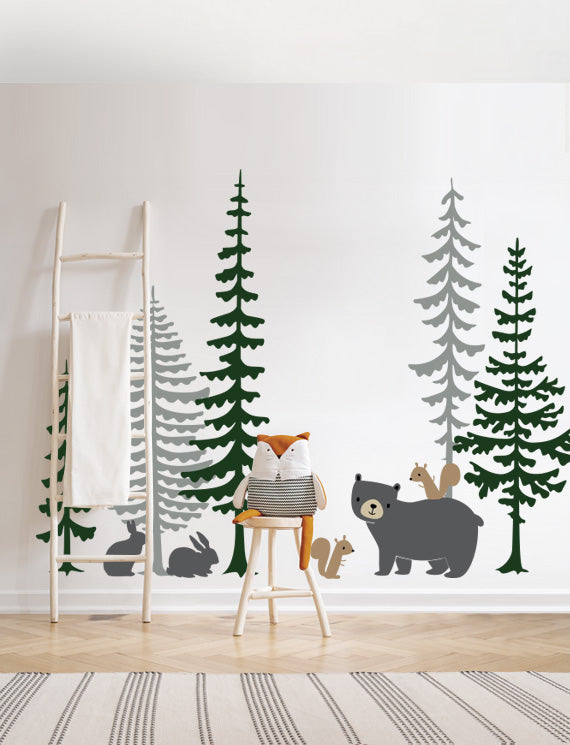 Pine Trees and Animals Wall Decal, Wall Stickers, Boho Nursery, Kids Room Wall Art, Playroom Decor | pinkbluebaby.com