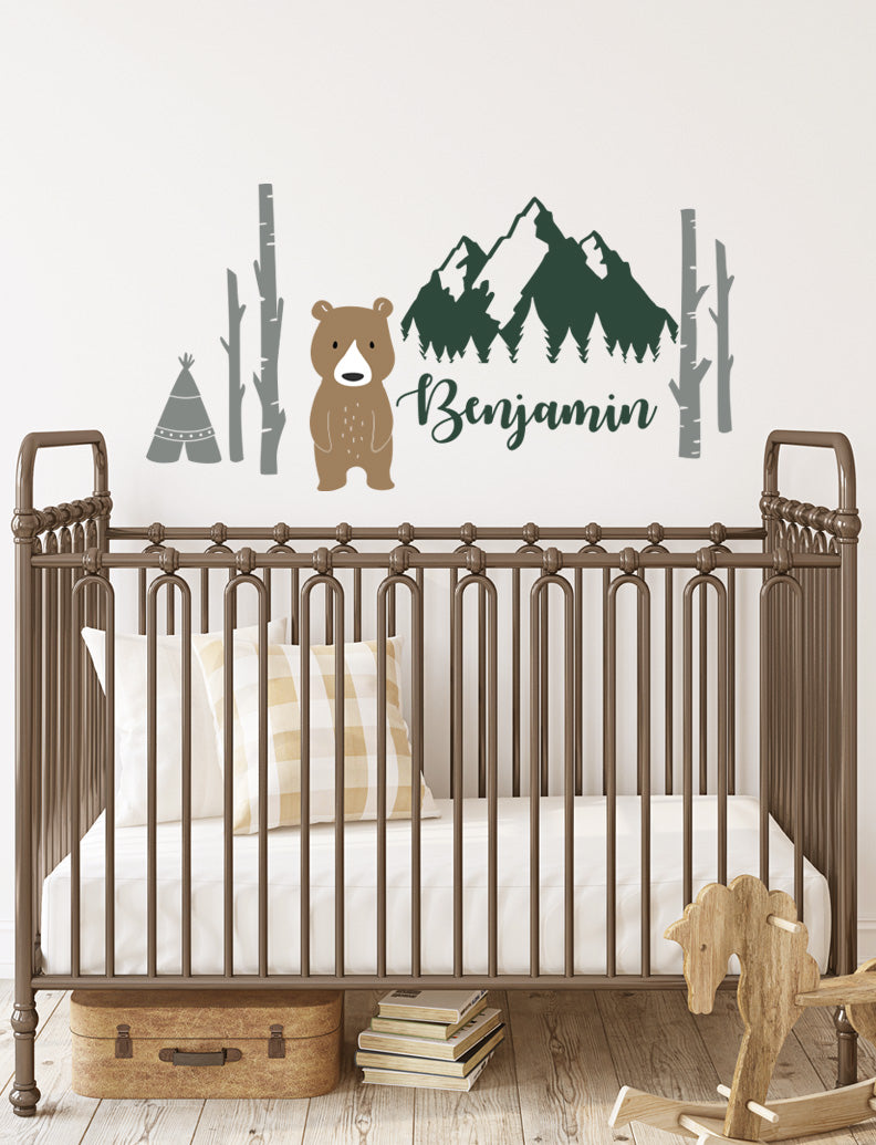 Mountains, Bear, Tree, Teepee Kids Wall Decals