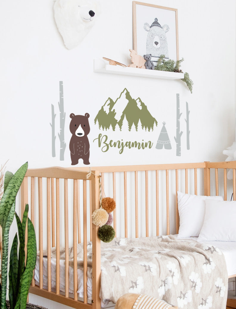 Mountains, Bear, Tree, Teepee Kids Wall Decals