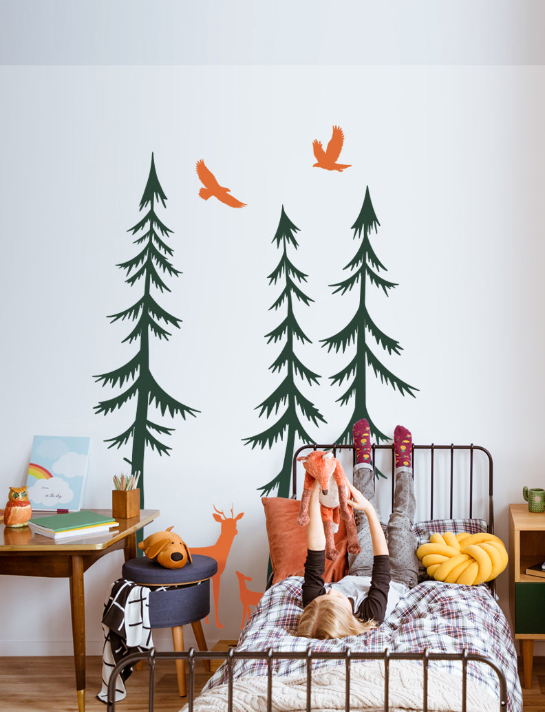 Pine Trees With Deer And Fawn Wall Decal