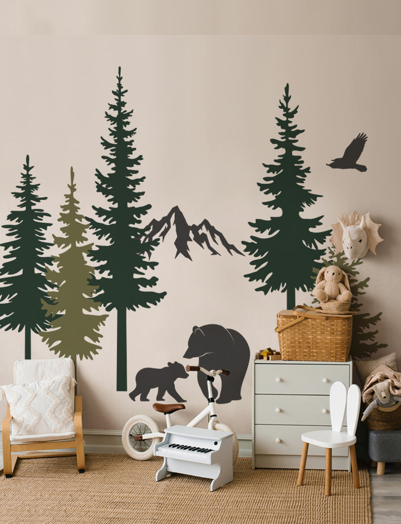 Pine Trees And Bears Wall Decal, Wall Sticker For Baby Nursery And Kids Room, Home Wall Decor, Office Wall Decal | pinknbluebaby.com