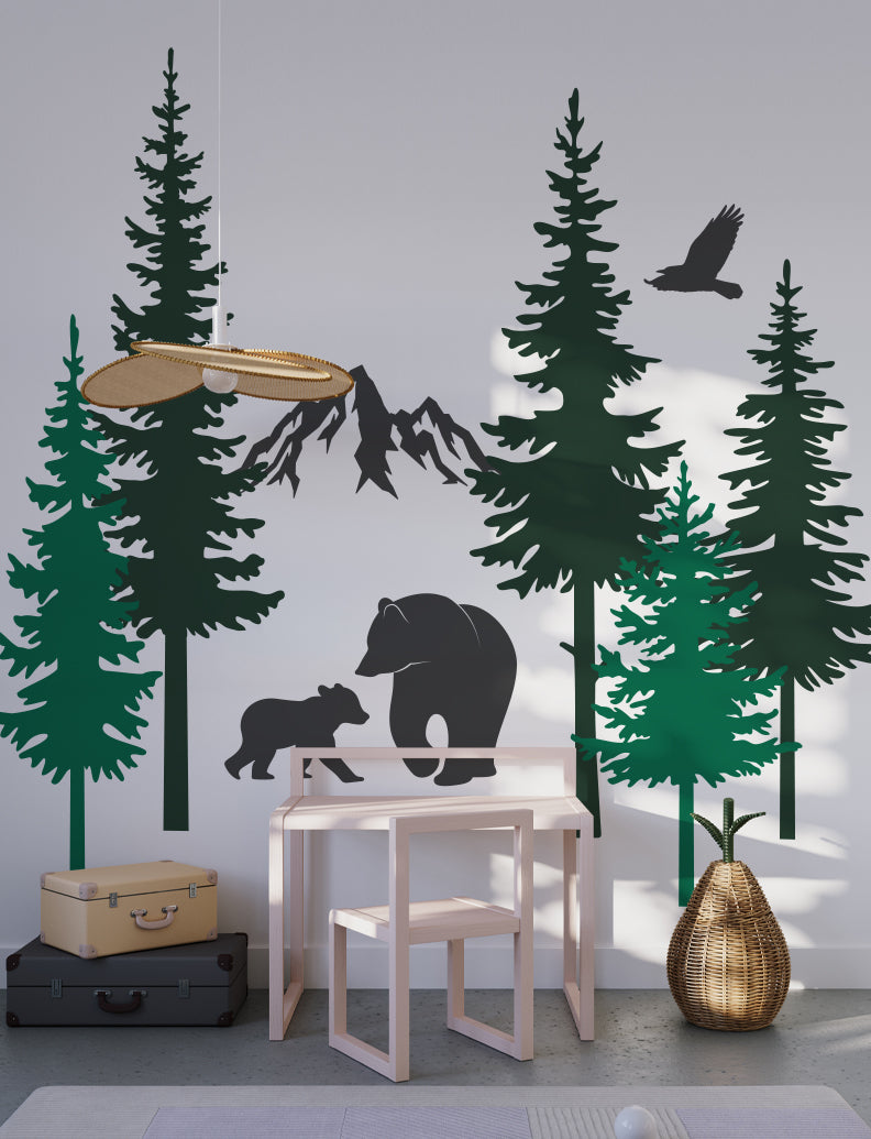 Pine Trees And Bears Wall Decal, Wall Sticker For Baby Nursery And Kids Room, Home Wall Decor, Office Wall Decal | pinknbluebaby.com