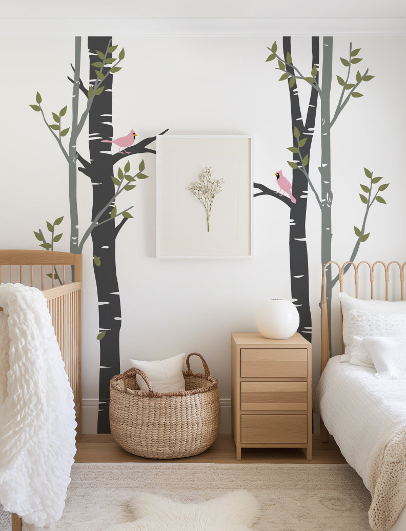 Birch Trees and Cardinal Birds Wall Decal, Wall Sticker, Wall Decor Sticker For Bedroom, Dining Room, living Room, Office | pinknbluebaby.com