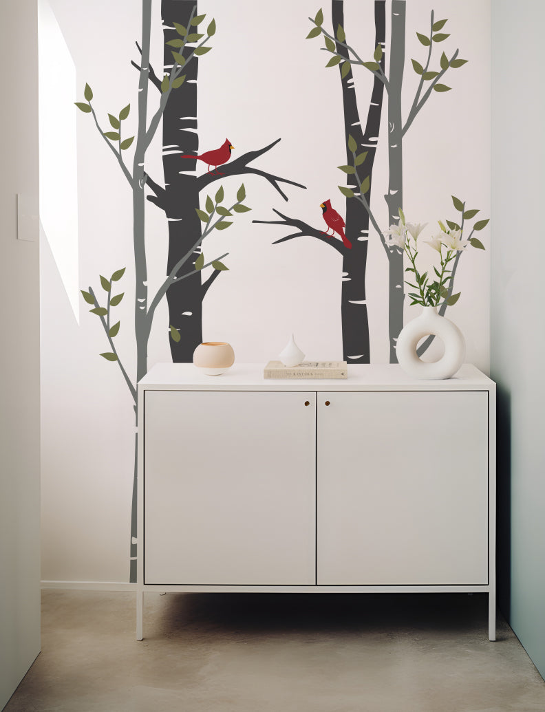 Birch Trees and Cardinal Birds Wall Decal, Wall Sticker, Wall Decor Sticker For Bedroom, Dining Room, living Room, Office | pinknbluebaby.com