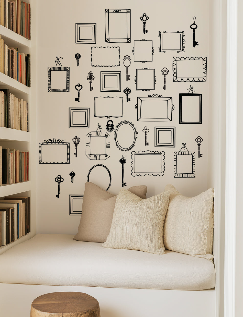 4 x 6 Frames And Antique Keys Wall Decal, Office Wall Decal, Home Wall Decal, Wall Stickers | pinknbluebaby.com