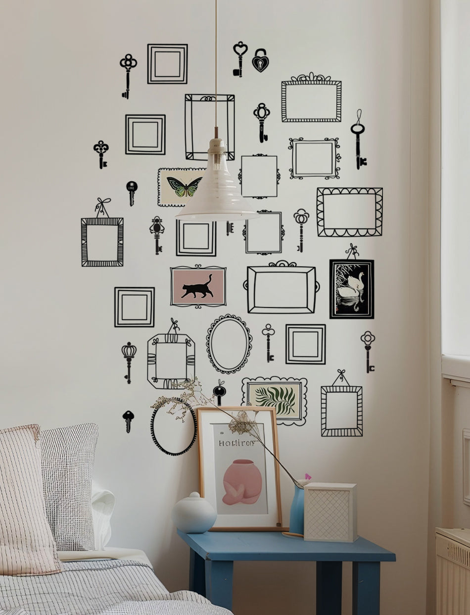 4 x 6 Frames And Antique Keys Wall Decal, Office Wall Decal, Home Wall Decal, Wall Stickers | pinknbluebaby.com