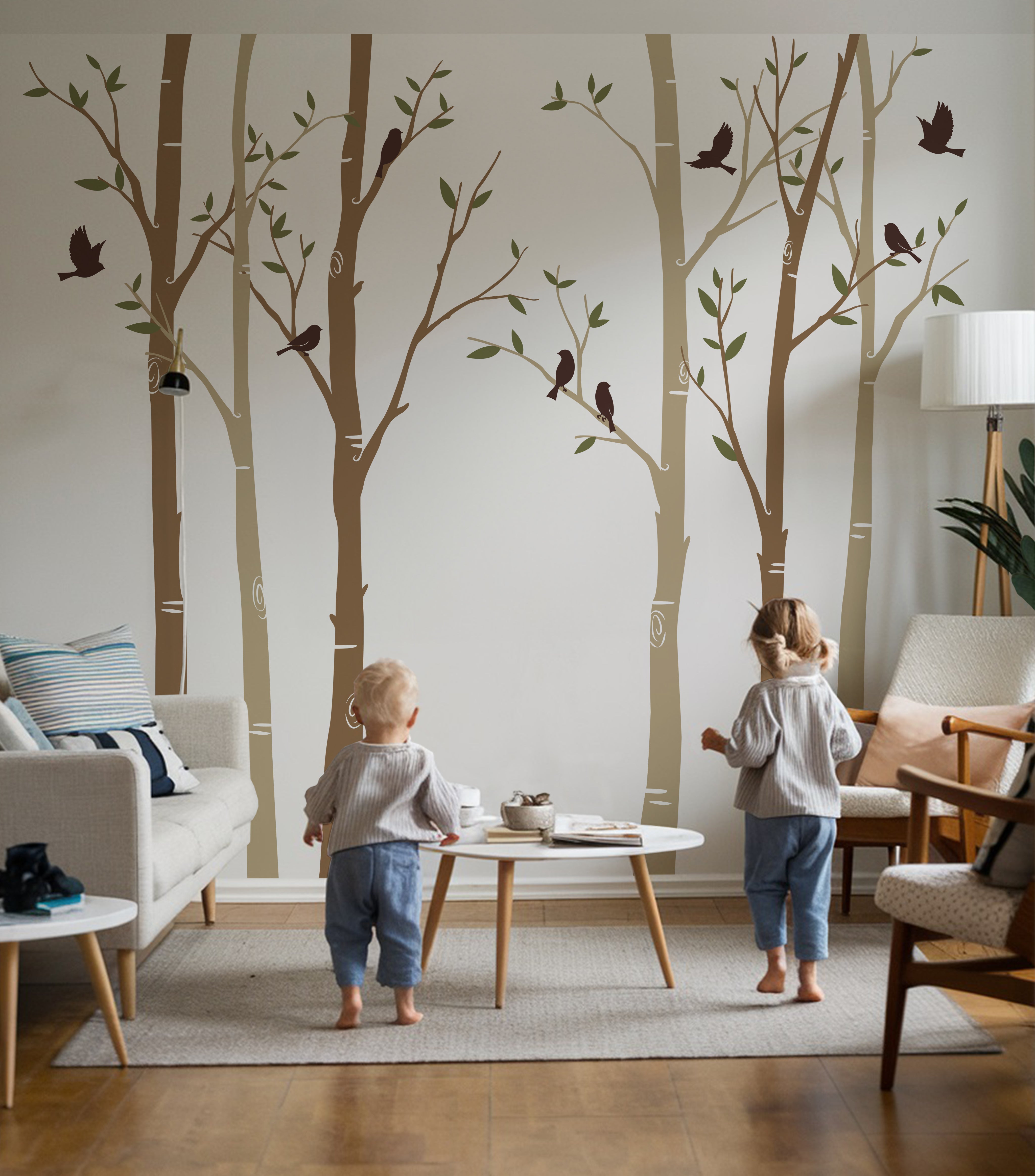 Birch Trees Forest With Birds Wall Decal, Wall Sticker, Nursery Wall Decal, Kids Room Wall Sticker, Wall Mural, Home And Office Wall Decal | pinknbluebaby.com