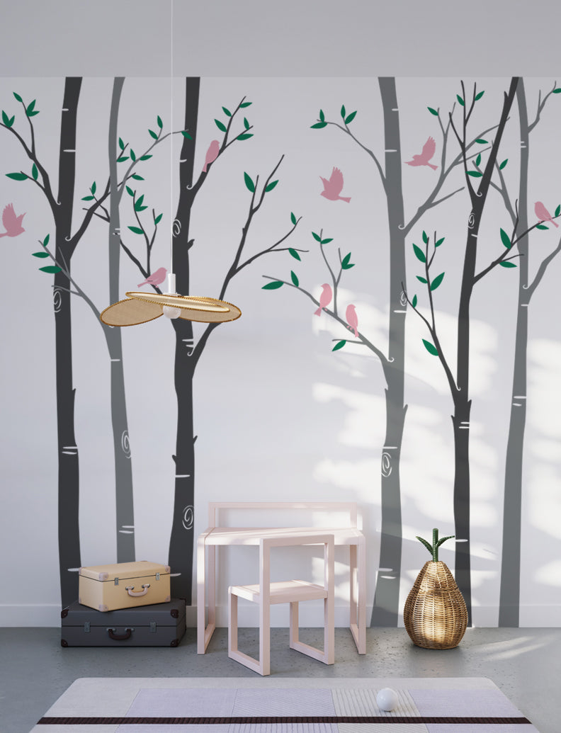 Birch Trees Forest With Birds Wall Decal, Wall Sticker, Nursery Wall Decal, Kids Room Wall Sticker, Wall Mural, Home And Office Wall Decal | pinknbluebaby.com