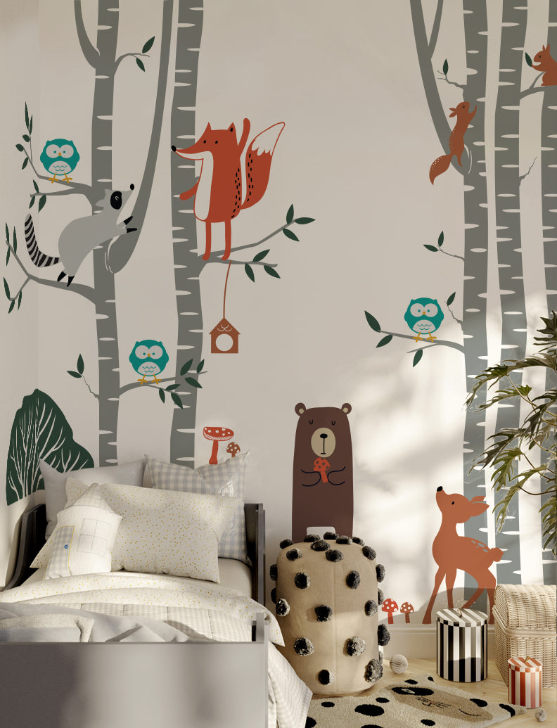 Forest Animals with Birch Trees Wall Decal