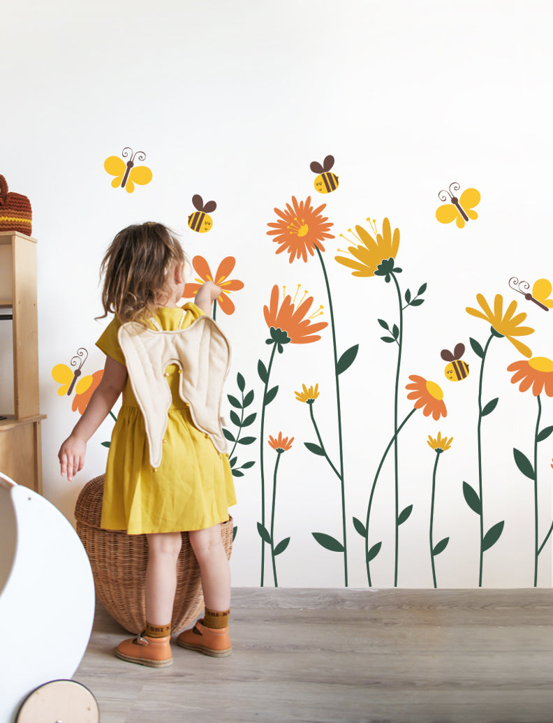 Flowers with Bees and Butterflies Wall Decal, Flower Wall Sticker, Wall Decor, Girl Nursery Wall Stickers, Girl Kids Room Wall Decals | pinknbluebaby.com