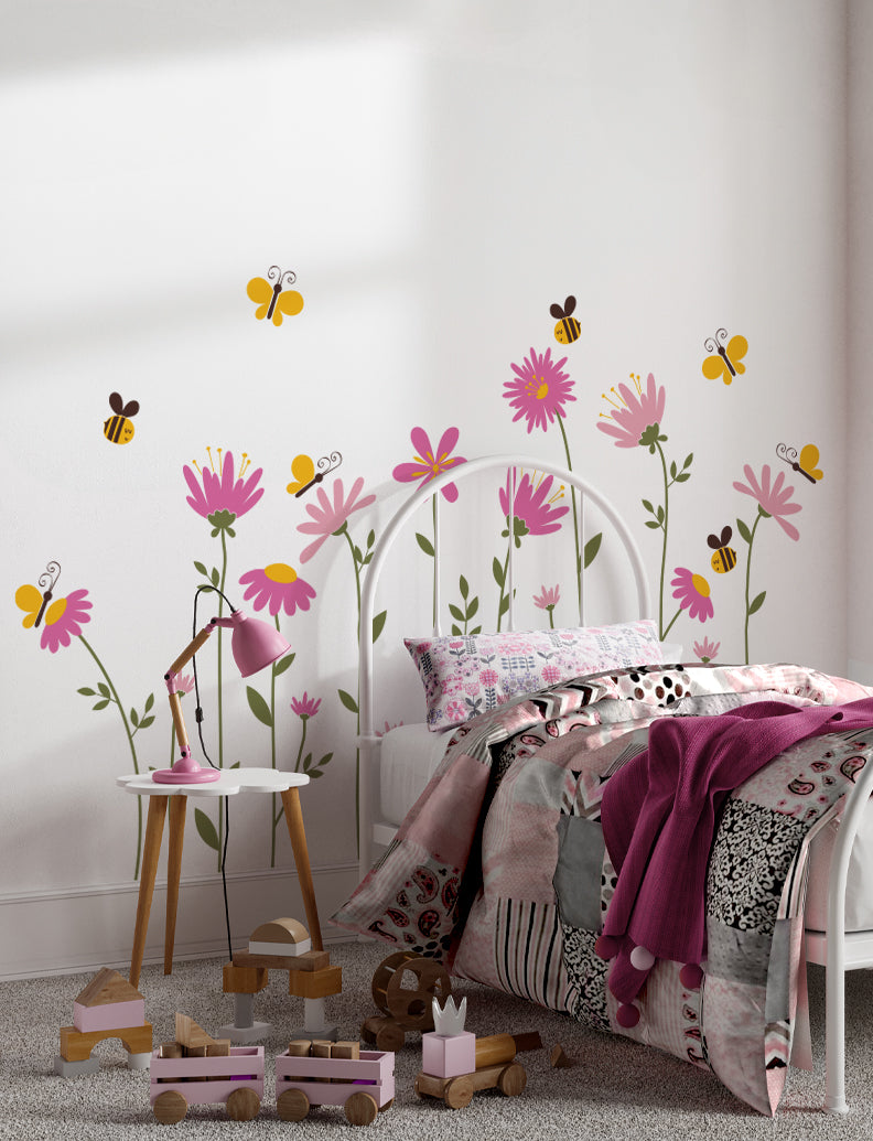 Flowers with Bees and Butterflies Wall Decal, Flower Wall Sticker, Wall Decor, Girl Nursery Wall Stickers, Girl Kids Room Wall Decals | pinknbluebaby.com