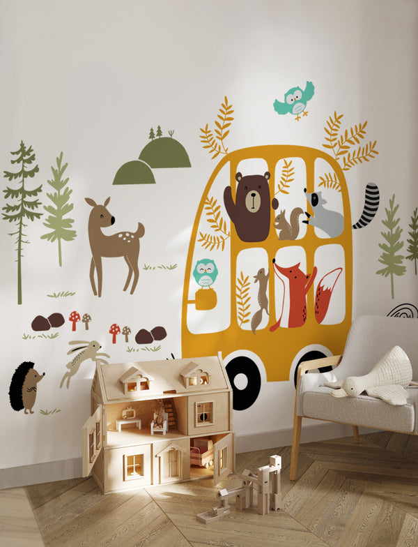 Forest Animals Picnic Bus Wall Decal, Wall Sticker, Wall Decor, Playroom Wall Mural, Kids Room Wall Stickers, Nursery Wall Decals | pinknbluebaby.com