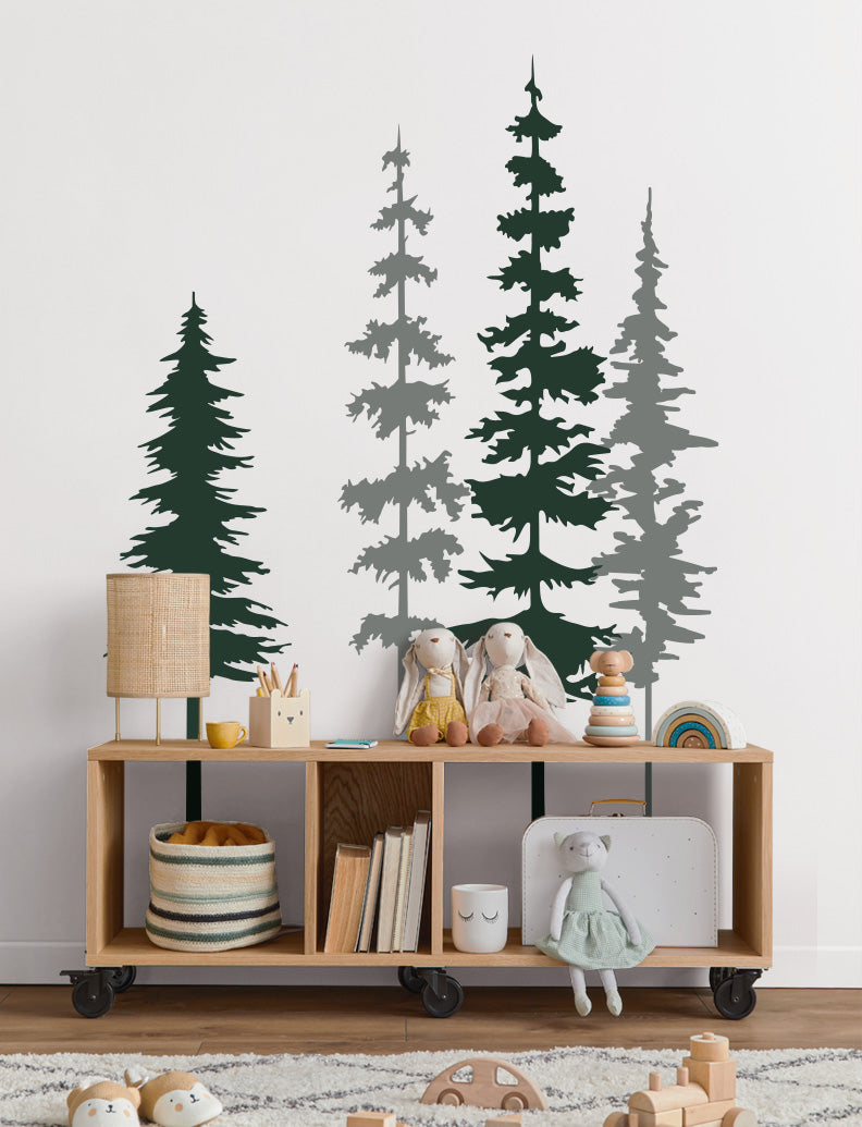 4 Pine Trees Wall Decal, Tree Wall Decal Sticker, Baby Nursery Wall Decal, Nursery Design | pinknbluebaby.com