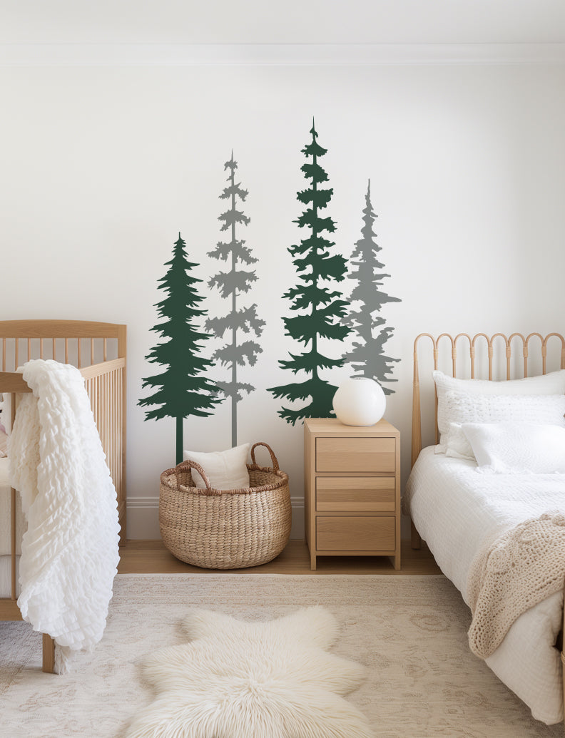 4 Pine Trees Wall Decal, Tree Wall Decal Sticker, Baby Nursery Wall Decal, Nursery Design | pinknbluebaby.com