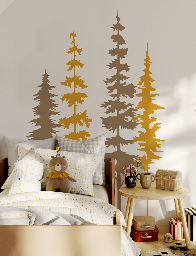 4 Pine Trees Wall Decal, Tree Wall Decal Sticker, Baby Nursery Wall Decal, Nursery Design | pinknbluebaby.com