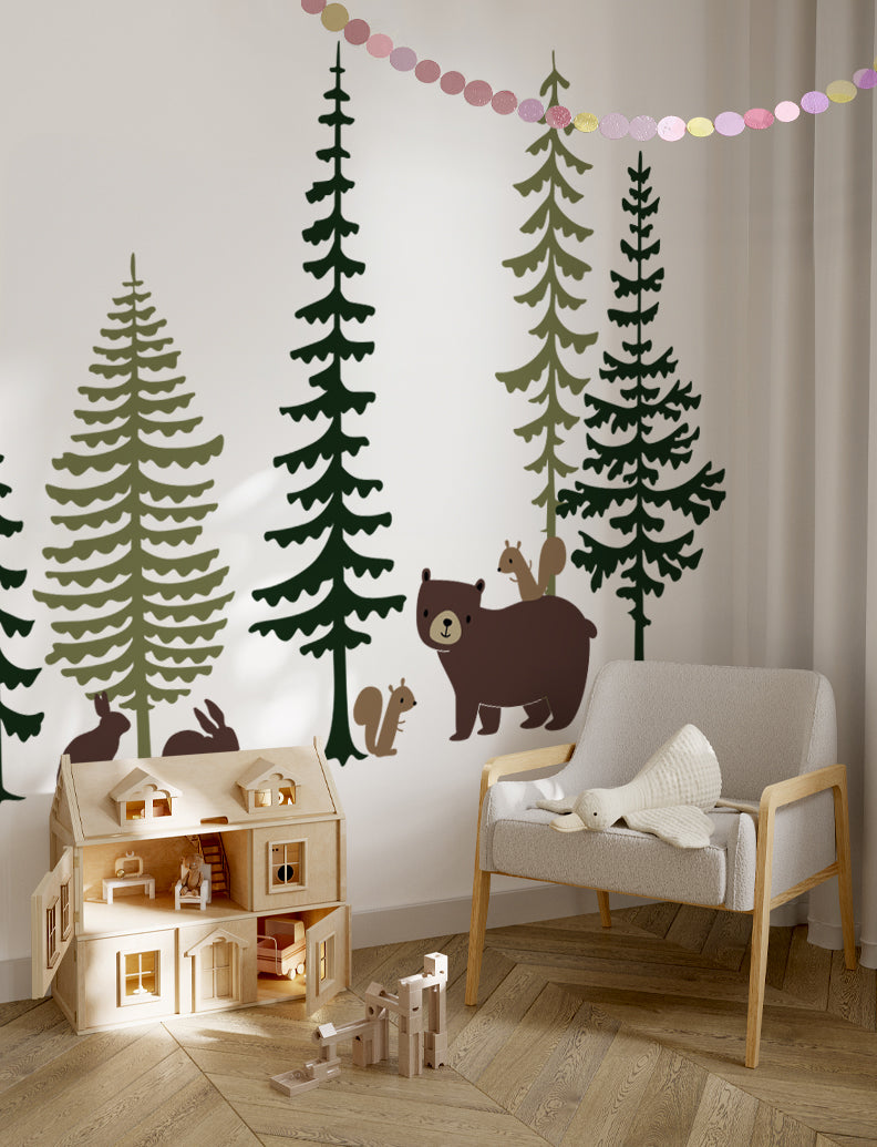 Pine Trees and Animals Wall Decal, Wall Stickers, Boho Nursery, Kids Room Wall Art, Playroom Decor | pinkbluebaby.com