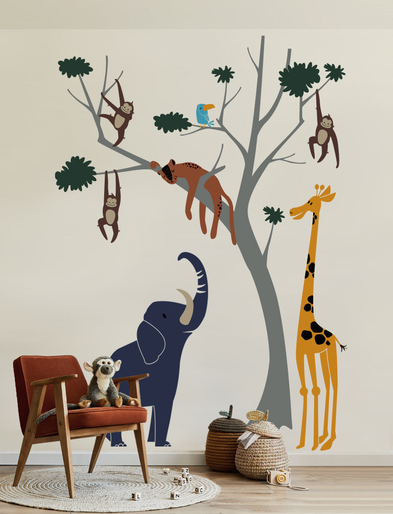 Wild Safari Animals and Tree Wall Decal