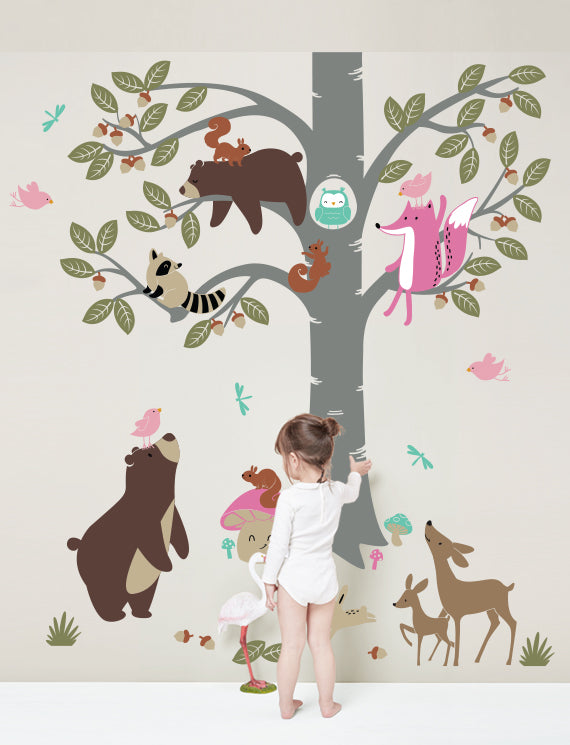 Forest Animals and Tree No.2 Wall Decals, Wall Stickers, Nursery Wall Decor, Kids Room Wall Decor, Playroom Wall Sticker | pinknbluebaby.com