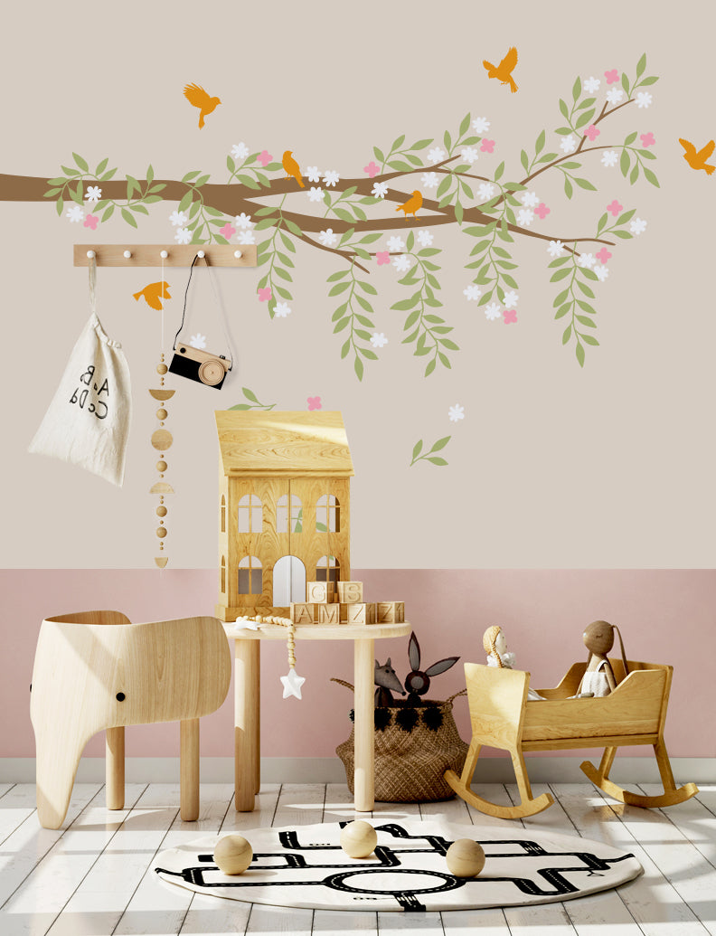 Branch, Leaves, Flowers And Birds Wall Decal