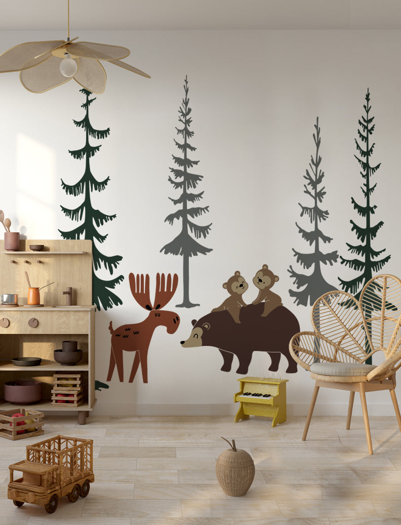 Bears, Moose and Pine Trees Wall Decals, Wall Stickers, Baby Nursery Wall Decal, Nursery Wall Decor, Kids Room Wall Decals, Playroom Sticker | pinknbluebaby.com