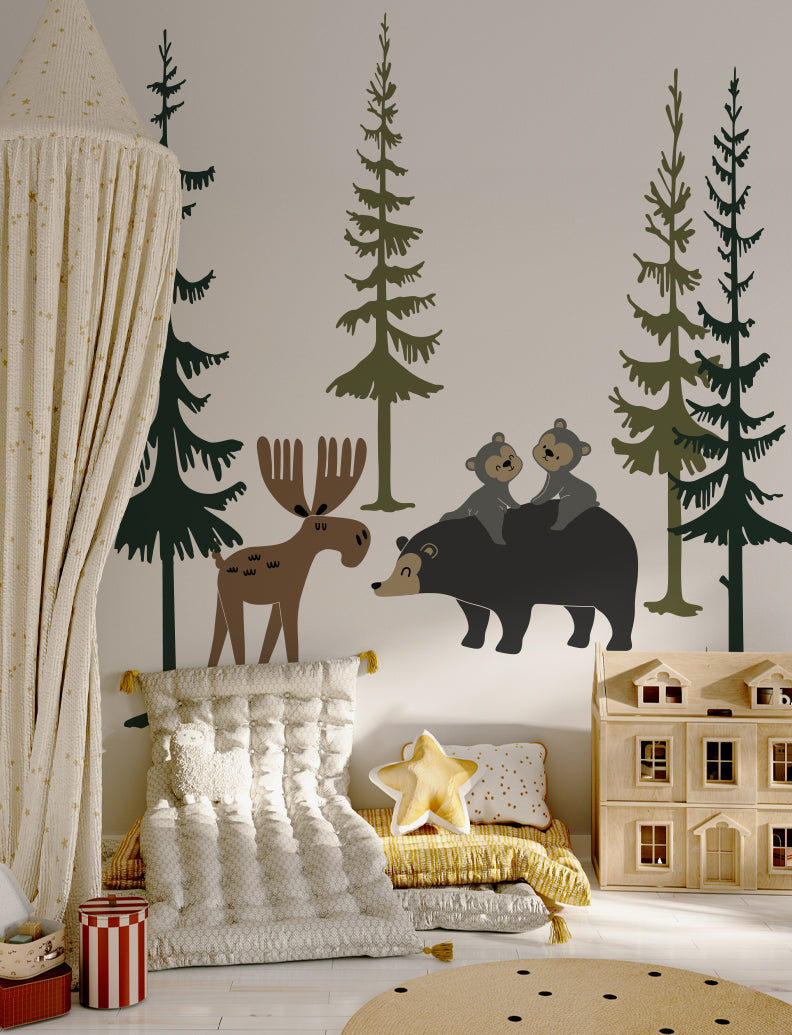 Bears, Moose and Pine Trees Wall Decals, Wall Stickers, Baby Nursery Wall Decal, Nursery Wall Decor, Kids Room Wall Decals, Playroom Sticker | pinknbluebaby.com