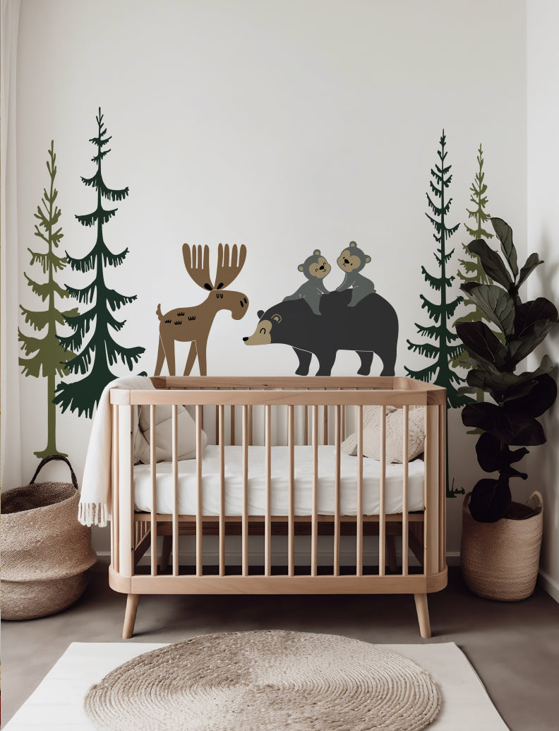 Bears, Moose and Pine Trees Wall Decals, Wall Stickers, Baby Nursery Wall Decal, Nursery Wall Decor, Kids Room Wall Decals, Playroom Sticker | pinknbluebaby.com