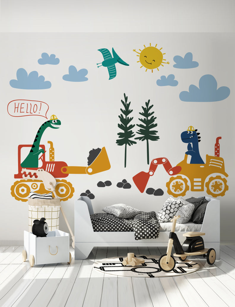 Dinosaurs With Construction Vehicles Wall Decal, Baby Nursery Wall Decals, Wall Decor, Kid's Wall Decals, Wall Stickers | pinknbluebaby.com