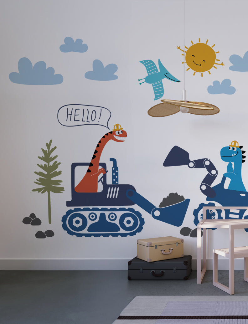 Dinosaurs With Construction Vehicles Wall Decal, Baby Nursery Wall Decals, Wall Decor, Kid's Wall Decals, Wall Stickers | pinknbluebaby.com