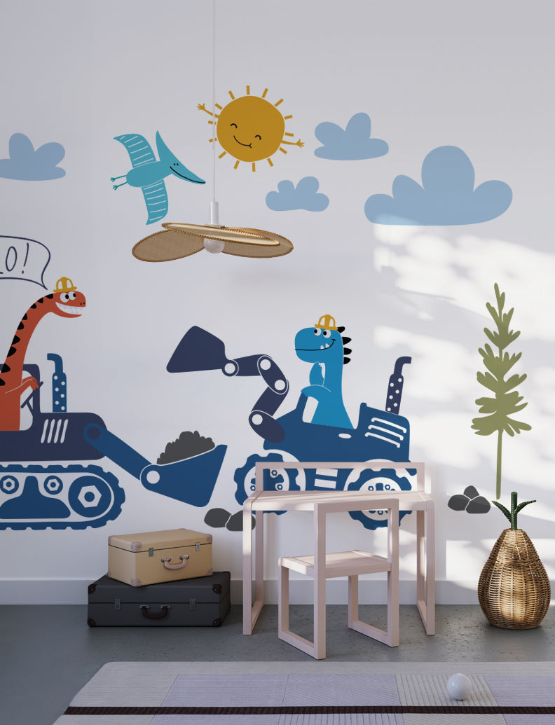 Dinosaurs With Construction Vehicles Wall Decal, Baby Nursery Wall Decals, Wall Decor, Kid's Wall Decals, Wall Stickers | pinknbluebaby.com