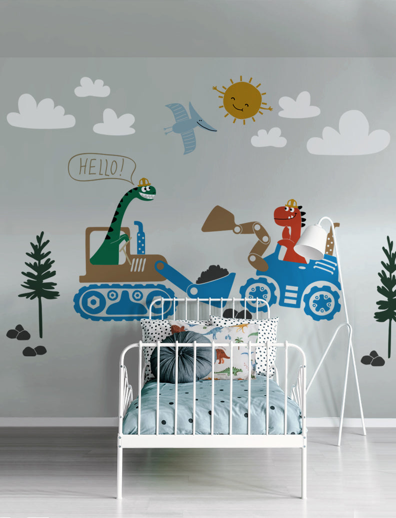 Dinosaurs With Construction Vehicles Wall Decal, Baby Nursery Wall Decals, Wall Decor, Kid's Wall Decals, Wall Stickers | pinknbluebaby.com