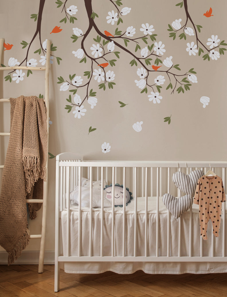 Tree And Leaves With Flowers Wall Decal, Baby Nursery And Kids Room Decor, Home Decals, Gift For Her | pinknbluebaby.com