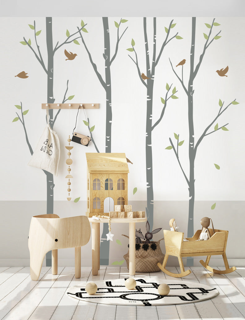 Birch Trees And Birds Nursery Kids Wall Decals