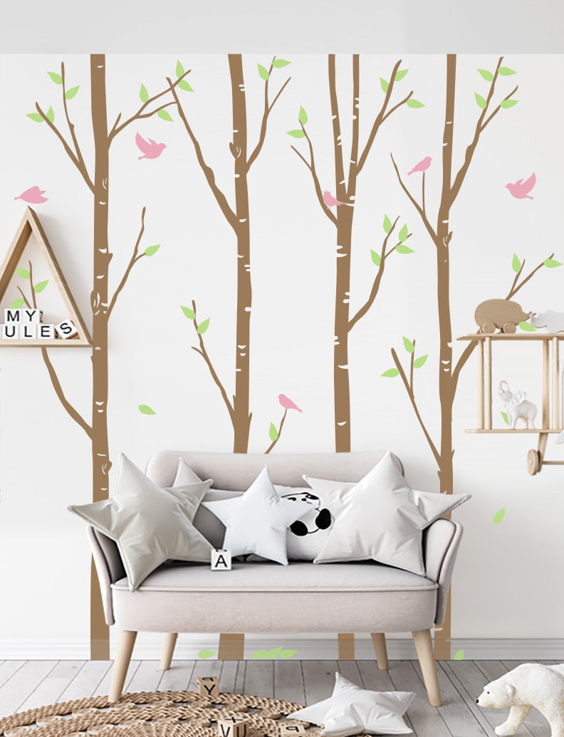 Birch Trees And Birds Nursery Kids Wall Decals