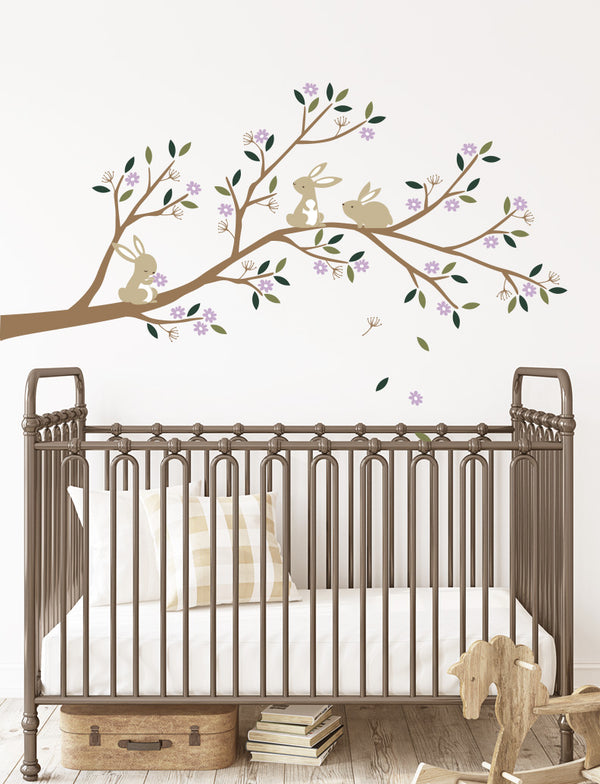 Bunnies Branch with Flowers Kids Wall Decals