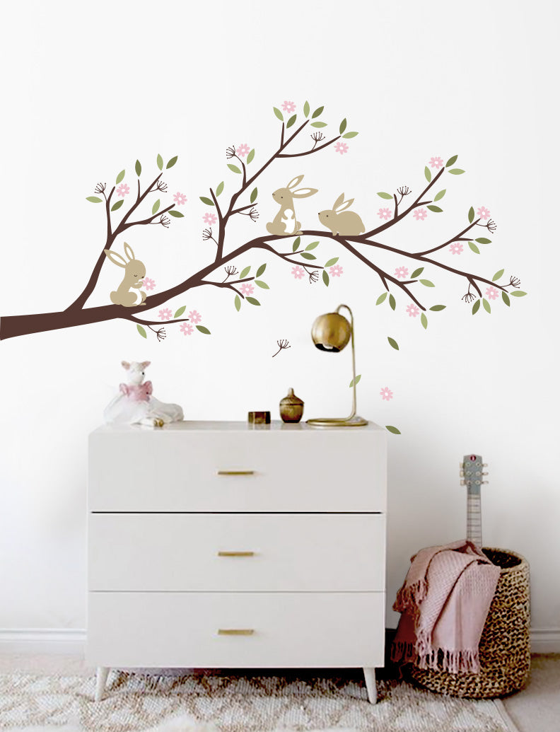 Bunnies Branch with Flowers Kids Wall Decals