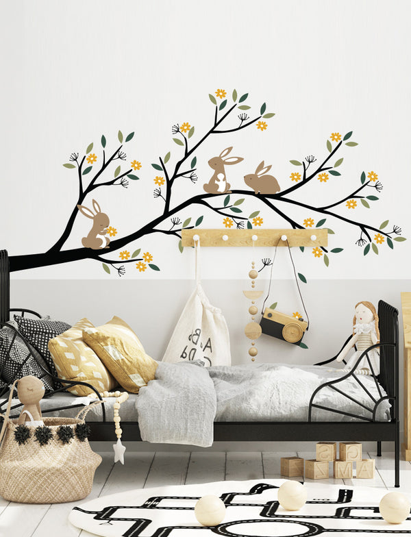 Bunnies Branch with Flowers Kids Wall Decals
