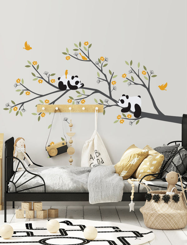 Pandas on the branch with Flowers Kids Wall Decals