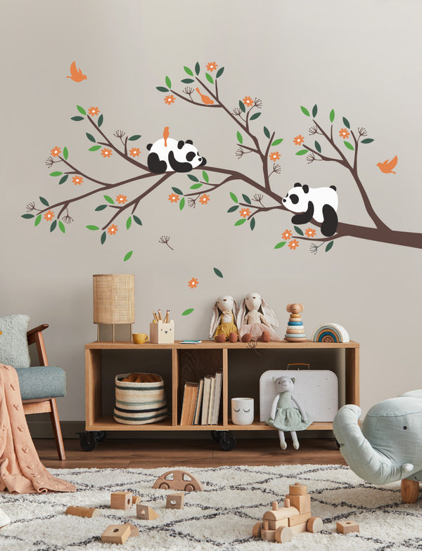Pandas on the branch with Flowers Kids Wall Decals