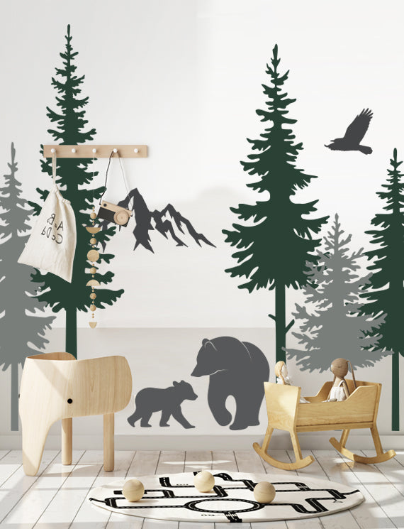 Pine Trees And Bears Wall Decal, Wall Sticker For Baby Nursery And Kids Room, Home Wall Decor, Office Wall Decal | pinknbluebaby.com