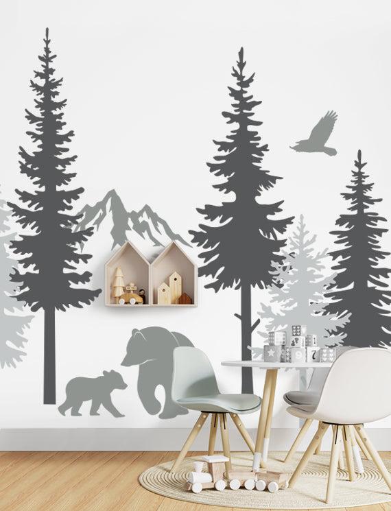 Pine Trees And Bears Wall Decal, Wall Sticker For Baby Nursery And Kids Room, Home Wall Decor, Office Wall Decal | pinknbluebaby.com