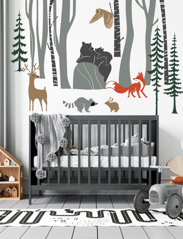 Woodland Friends With Birch Trees Wall Decal
