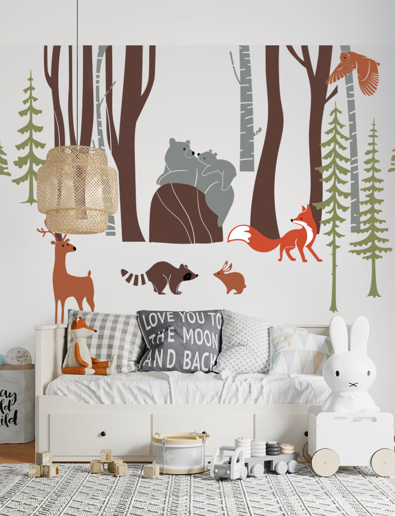 Woodland Friends With Birch Trees Wall Decal