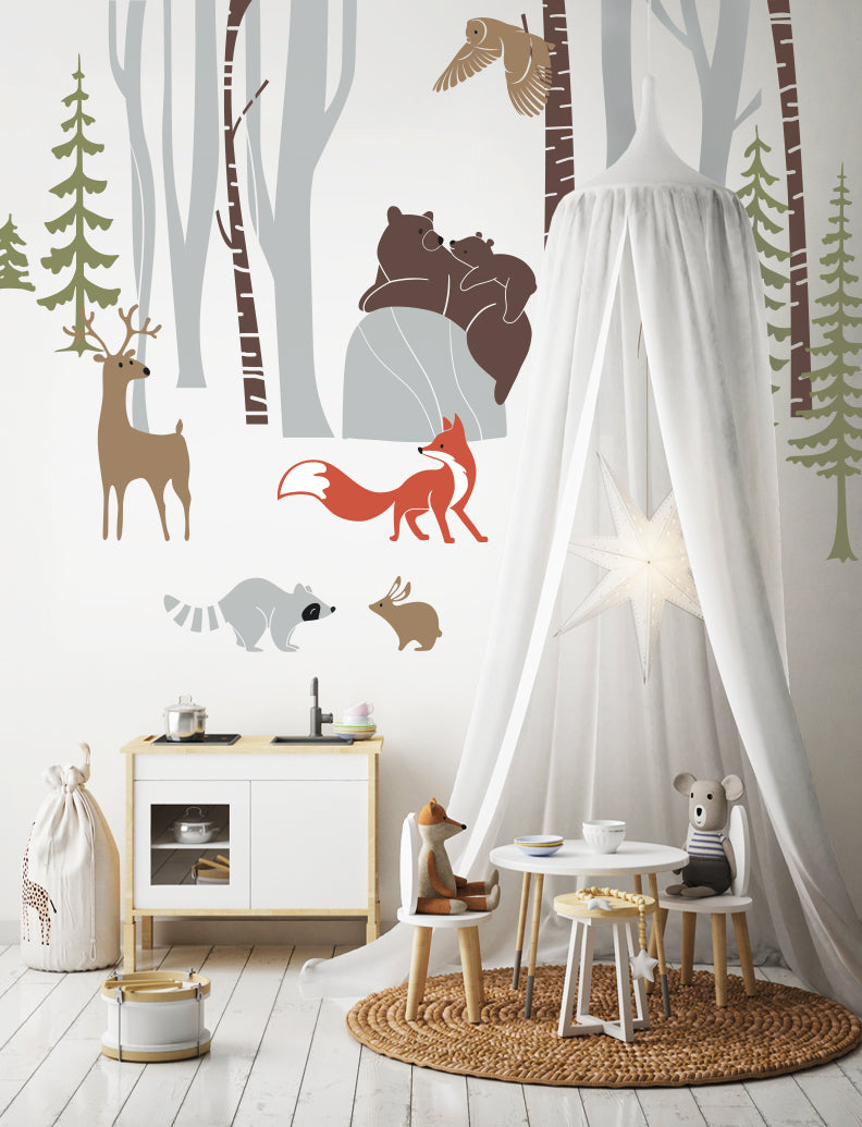 Woodland Friends With Birch Trees Wall Decal